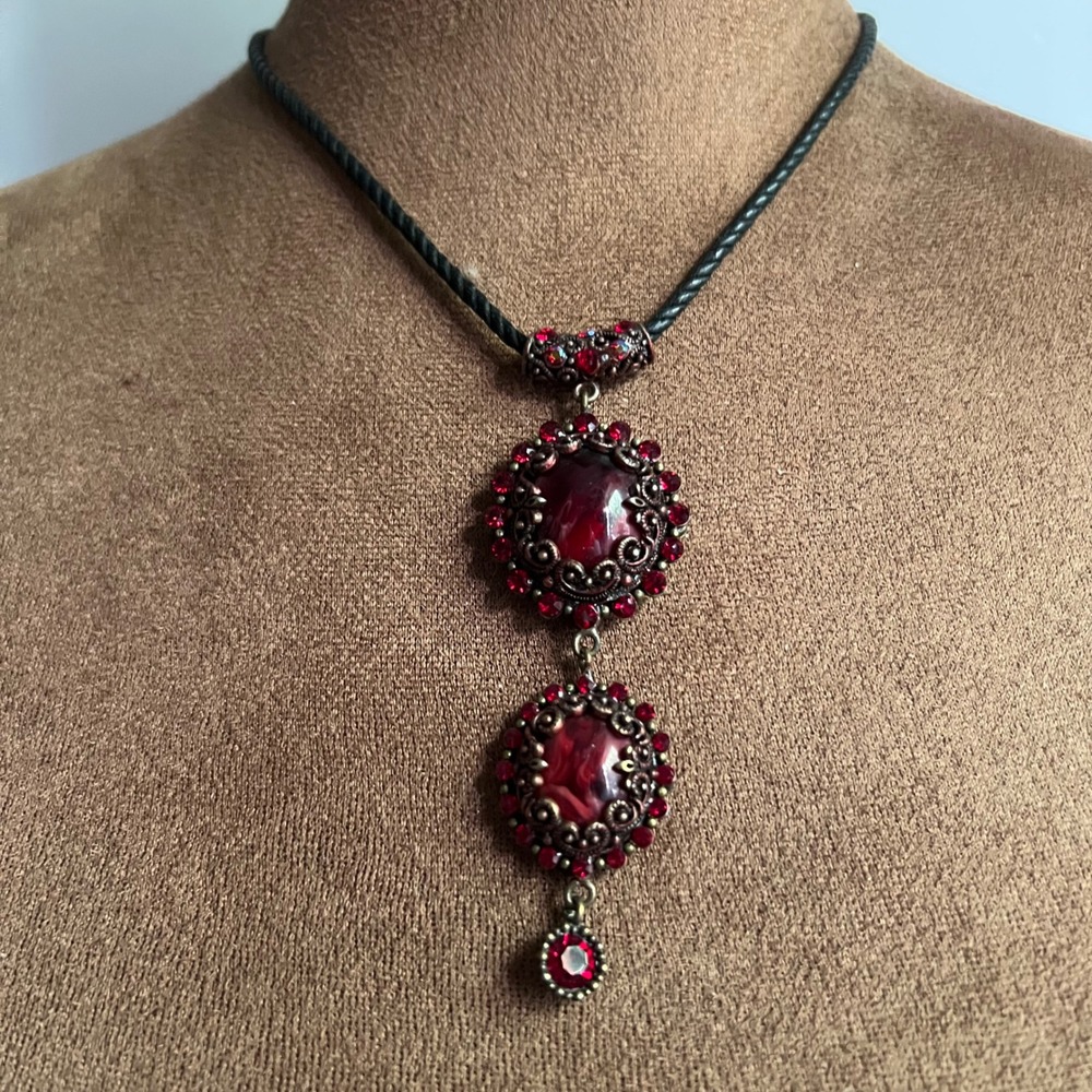 TAS Red Rhinestone Filigree Tiered Pendant Necklace 16-18 Inch Size 18 Gothic